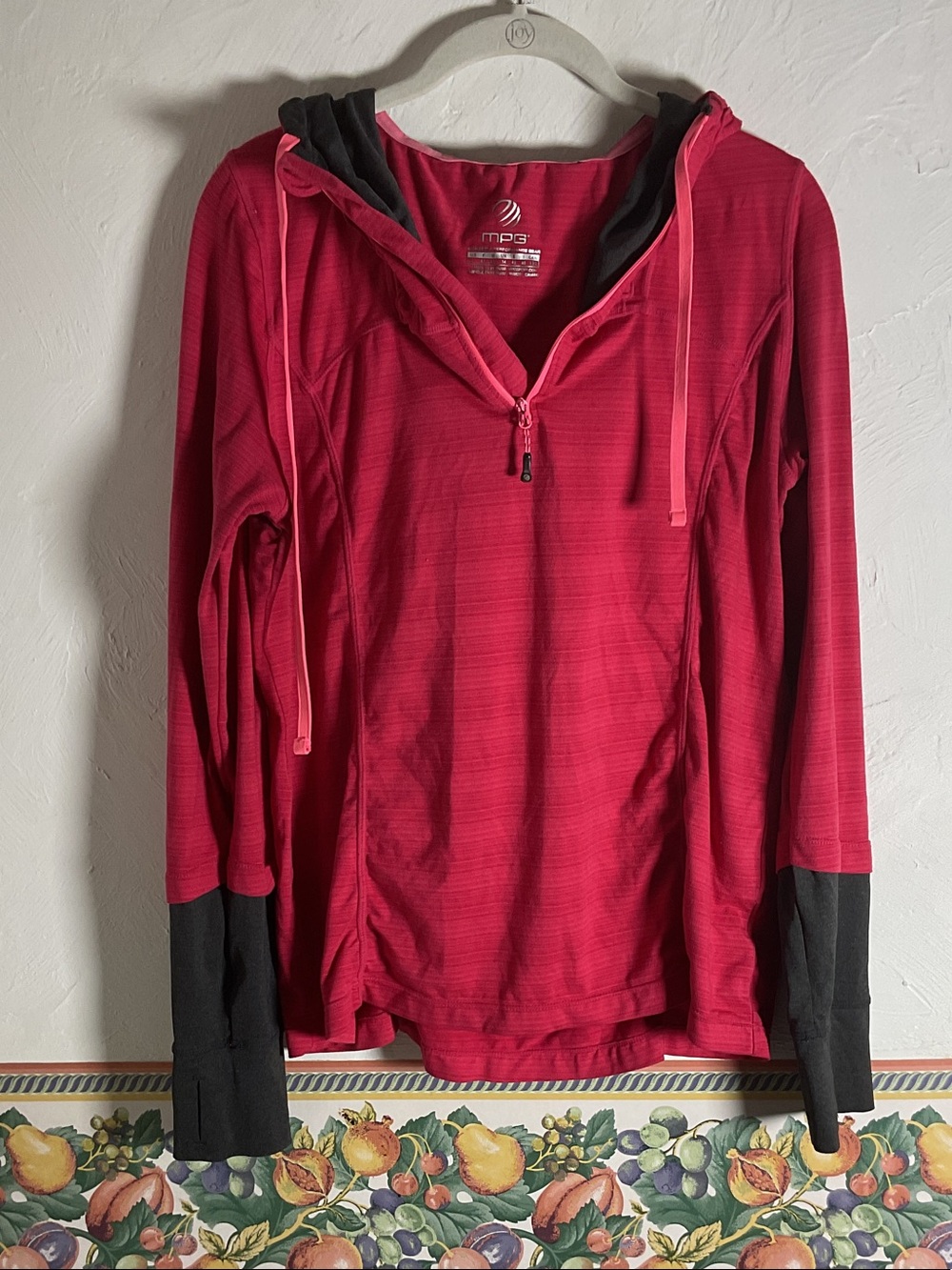 MPG Mondetta Pink Space Dye Ruffle Back Quarter Zip Hoodie Size L Thumbholes